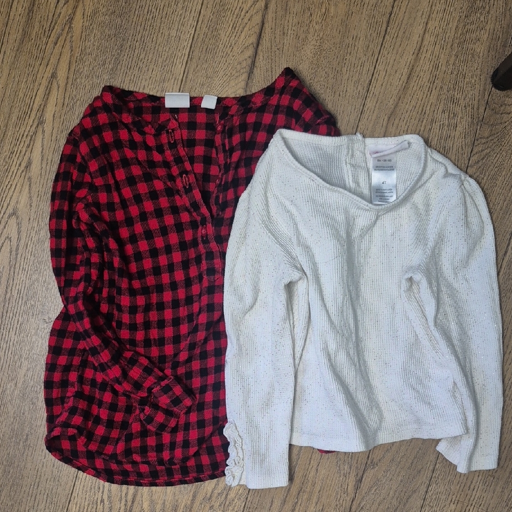 Little Lass Red and Black Checkered Shirt with White Knit Top